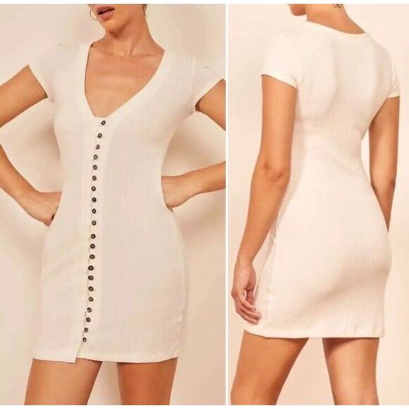 Reformation Jeans White Ribbed Ryder Button Front Mother Of Pearl Shirt Dress S - Picture 4 of 13